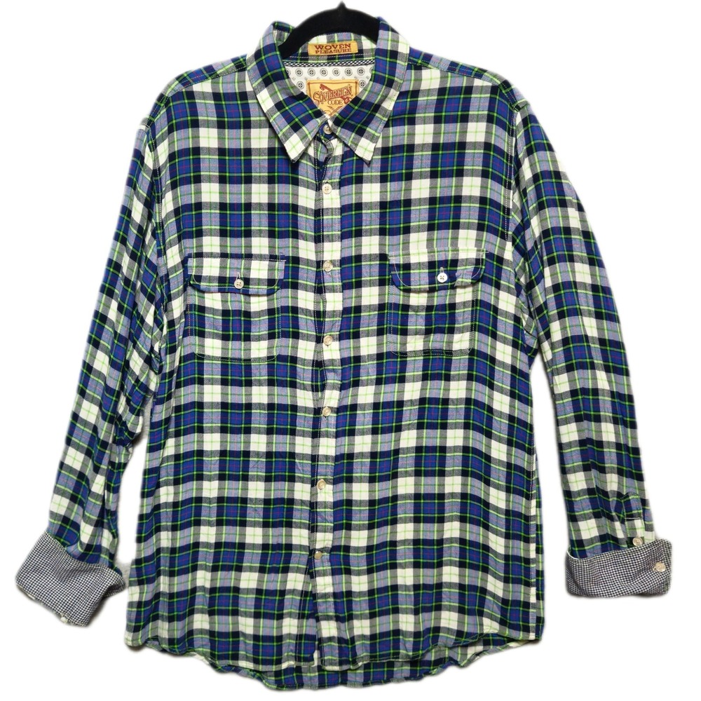 SOVEREIGN CODE Button Up Shirt Mens XL Blue Green Plaid Bamboo Workwear